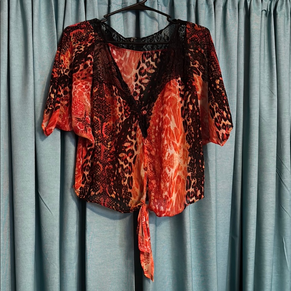 Red Asymmetrical Tie Front Short Sleeve Blouse